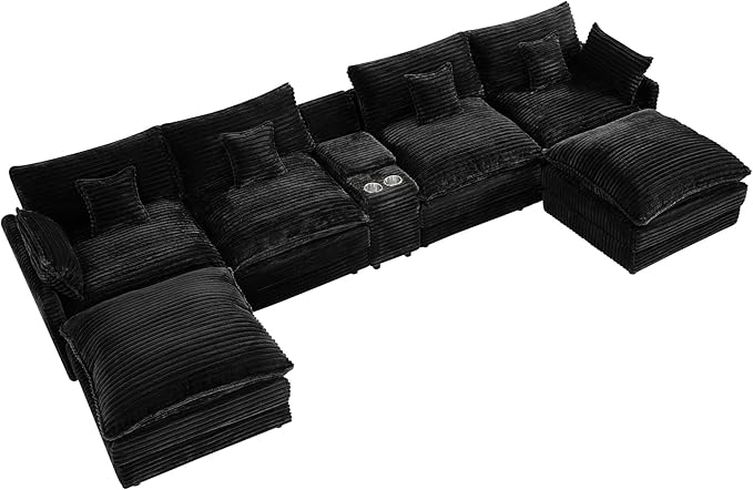 HYJT-H&K 145" U Shaped Cloud Couch Modular Dark Black Sectional Couches for Living Room, Comfy Fluffy Corduroy Oversized Cloud Sectional Couch Large 6 Seat Sectionals Sofa Set Central Console USB Port