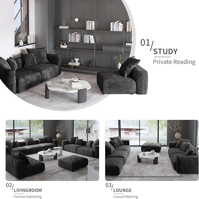 Oversized Modular Sectional Sofa with Ottomans,8 Seater Corduroy V Shaped Reversible Corner Couch,181.73" Convertible Sofa & Couch Free Combination for Living Rooom,Black