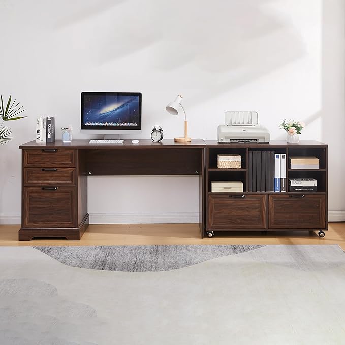 60" L-Shaped Executive Desk with 40" File Cabinet,Farmhouse Home Office Desk with Charging Station,Wood Computer Desk Set for Office Work,Home Study (Brown)