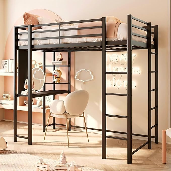 SUNLEI Metal Loft Bed Frame with Desk, Full Size Loft Bed with 2 Built-in Ladders & Safety Guard, Noise Free for Small Bedroom, Classic Black
