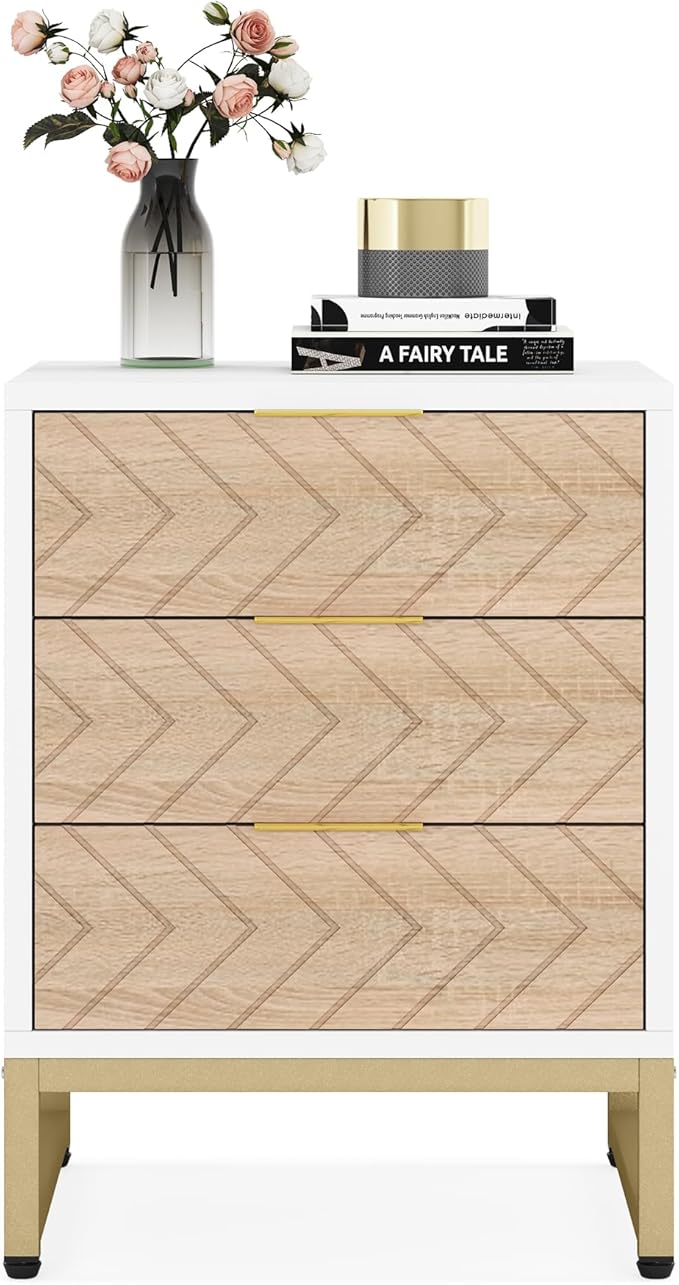 Tribesigns 3 Drawers Nightstand, 2Pcs Modern White and Gold Bedside Table with Metal Legs for Bedroom, Living Room, Apartment
