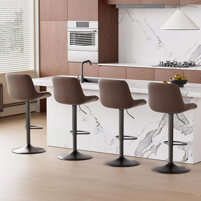 Nalupatio Bar Stools Set of 4, Adjustable Modern Swivel Bar Stools with Backs, Counter Height Performance Fabric Island Chairs for Home Kitchen, Dark Brown