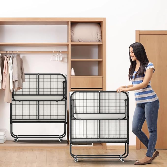 75" x 31" Folding Bed with Mattress for Adults, Portable Foldable Single Beds with Memory Foam Mattress & Super Strong Frame, Convenient Roll Away Guest Bed for Storage