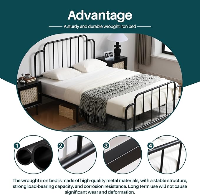PINJU Metal Platform Bed Frame with Headboard and Footboard, Classic Style, Sturdy Metal Slats, No Box Spring Needed, Easy Installation (Black, Queen)