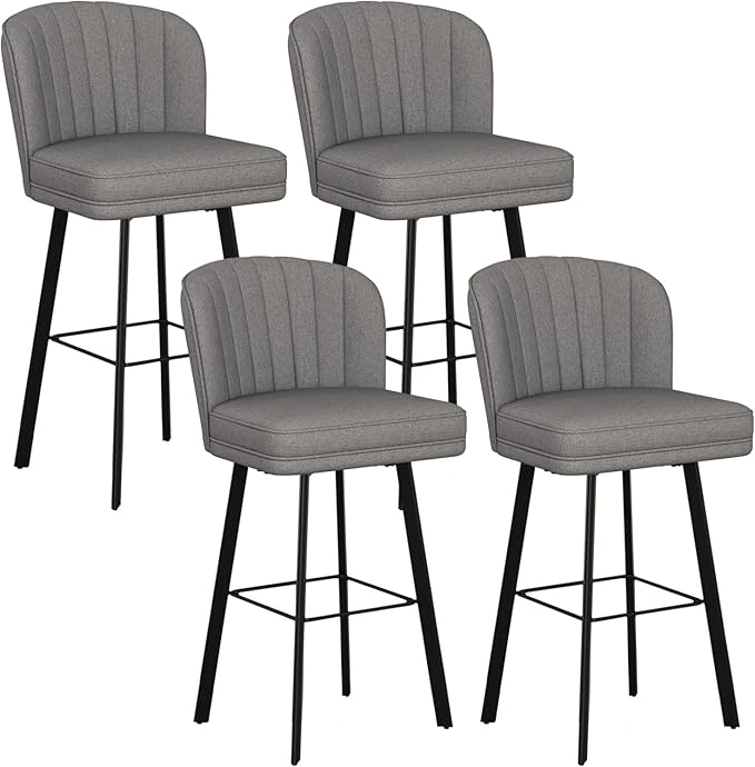 Swivel Counter Height Bar Stools Set of 4, 30'' Modern Barstools with Backs and Metal Legs, Upholstered Bar Chairs,Mid-Gray,Fabric Stools for Kitchen Island Chairs