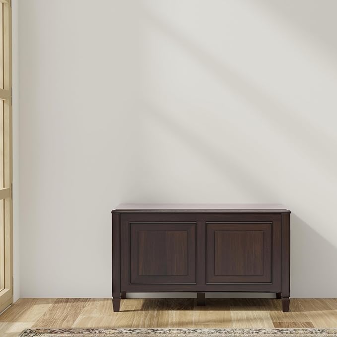 SIMPLIHOME Connaught Storage Bench - 36 inch Wide Solid Wood Small Trunk Bench in Chestnut Brown, Traditional Bench for Entryway with Lift-Up Lid and Dual Hidden Compartments