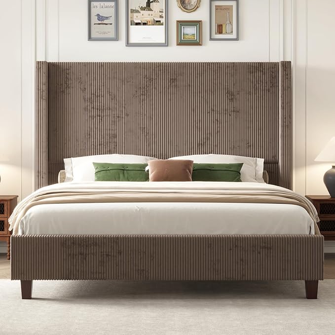 HOWE Queen Size 61" Corduroy Upholstered Bed Frame, Platform Bed with Vertical Stripe Wingback Headboard, No Box Spring Needed/Noise Free/Solid Wood Slats & Legs/Chestnut