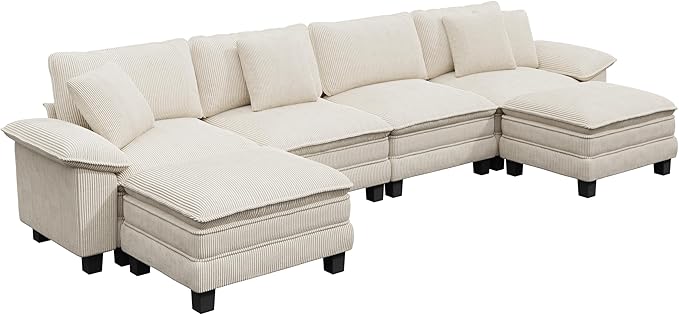 PHI VILLA Cloud Modular Couch Sets, 157.5" Sectional Sofa with U-Shaped Chaise, 6-Seater Couches with Movable Ottomans for Living Room, Corduroy Fabric, Beige