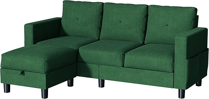 JY QAQA Convertible Sectional Sofa Couch with 3-Seat Sofa, L-Shaped Ottoman Couch with Modern Linen Fabric for Small Living Room, Apartment and Small Space(Green)
