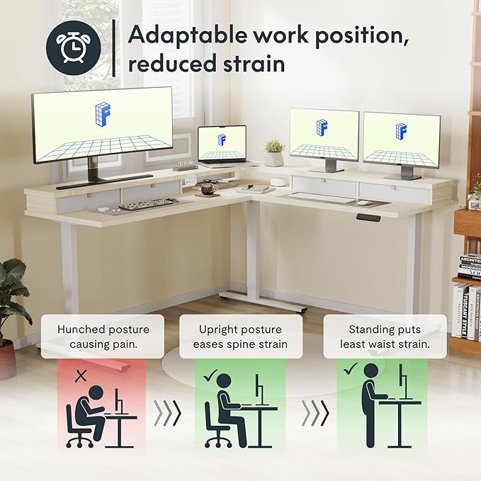 FLEXISPOT 63" L Shaped Standing Desk with Shelf Electric Corner Table, Drawers, Adjustable Computer Workstation for Home, Office,USB Charging Port, 63x55in, Light Maple Top + White Frame