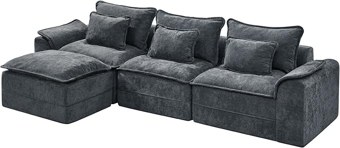 Hobestluk 120" Cloud Modular Sectional Couch 3-Seater Sofa with Ottoman L Shaped Sofa with Removable Cover Large Sofa Couch for Living Room (Blue Grey, 3-Seater Sofa with One Ottoman)