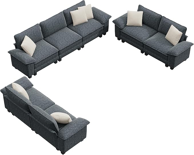 PHI VILLA Cloud Modular Couches Sets, 3 Pieces Large Sectional Sofa Set with Loveseats, 7-Seater Upholstered Couch for Living Room, Chenille Fabric, Dark Cyan
