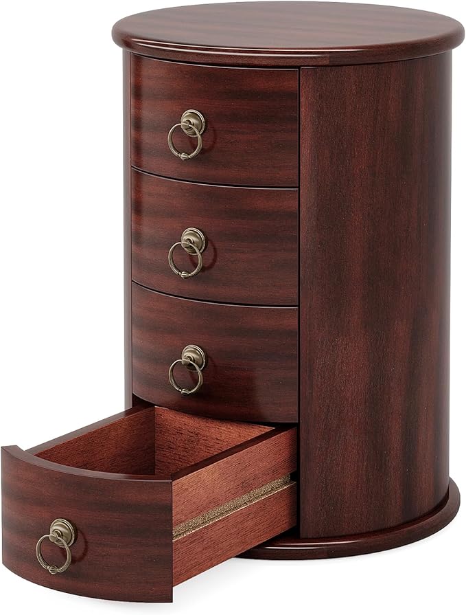 Tribesigns Solid Wood End Table, Round Side Table with 4 Drawers, Vintage Bedside Table Nightstand for Small Spaces, Living Room, Bedroom, No Assembly Required (2, Cherry Brown)