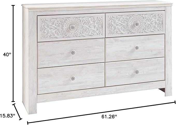 Signature Design by Ashley Paxberry Boho 6 Drawer Dresser, Smooth-gliding Faux Laminate Lined Drawers, Wood, 61.26" W x 15.83" D x 40" H, Whitewash