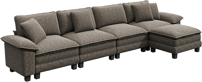 PHI VILLA Cloud Modular Couch Sets, 157.5" Sectional Sofa with L-Shaped Chaise, 5-Seater Upholstered Couches with Movable Ottoman for Living Room, Chenille Fabric, Smoky Grey