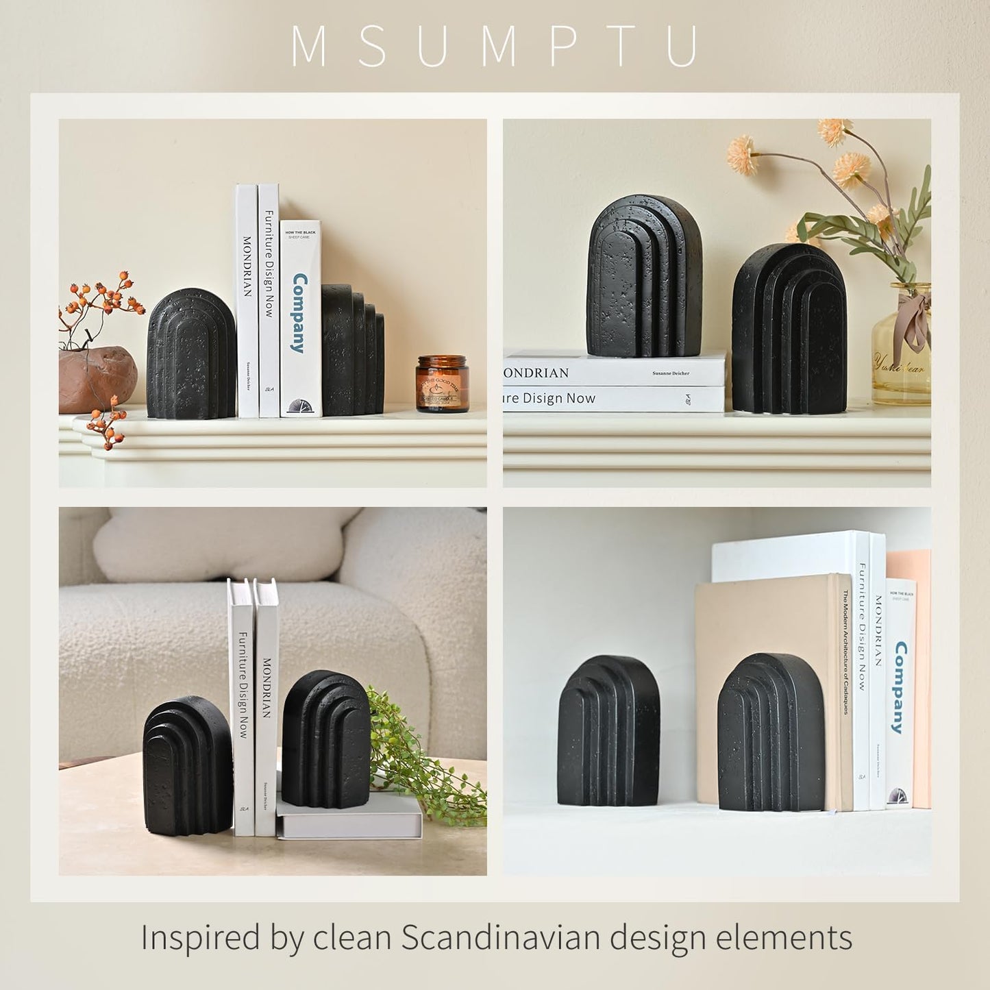 Decorative Bookends for Shelves, Set of 2 Book Ends for Heavy Books, Layered Arch Design Black Bookend