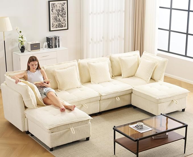 133" Modular Sectional Sofa, L-Shaped Corduroy Comfy Sectional Couches for Living Room, 3-Seater Cloud Couches with 1 Ottoman, Modern Deep Seat Sofa with Large Storage, Corduroy Beige