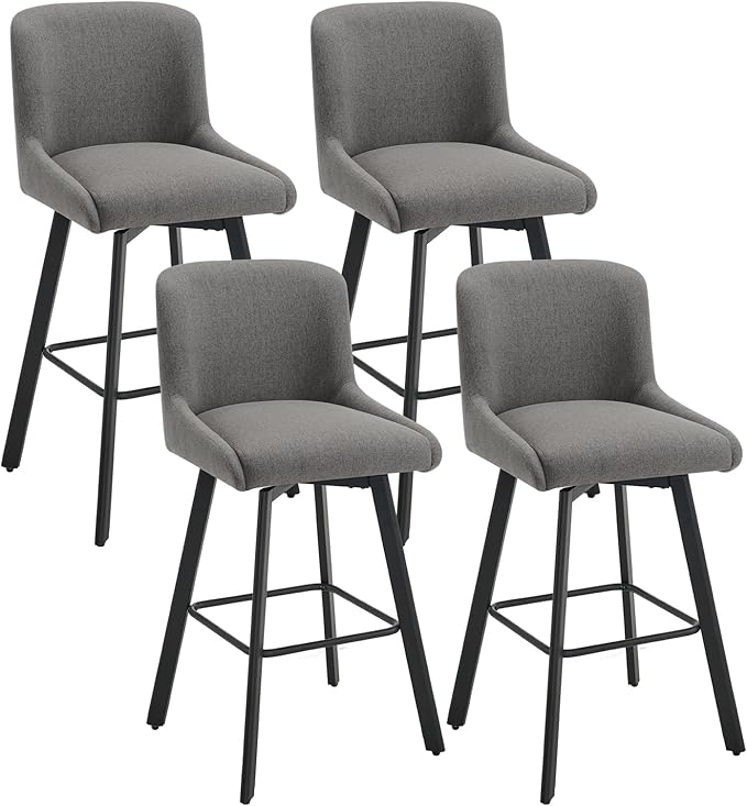 Swivel Bar Stools Set of 4, 29''H Upholstered Barstools with Backs, Modern Counter Height Bar Stool Chairs for Kitchen Island, Metal Legs, Fabric, Gray Counter Stools