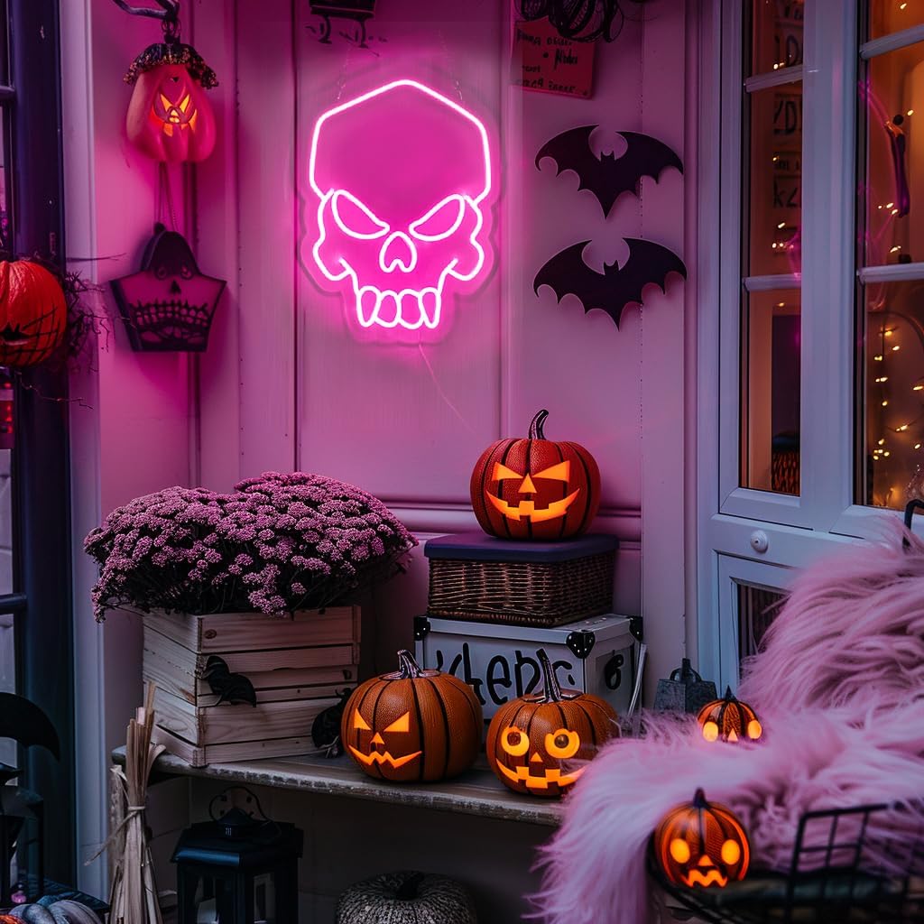 Dimmable Skull Neon Sign,Halloween Pink Neon Sign Light for Wall Decor, Skeleton LED Neon Sign for Beer Bar Bedroom Art,Skull Head Neon Lights Suitable for Computer Room, 5V USB Power 15.75 * 11.8in