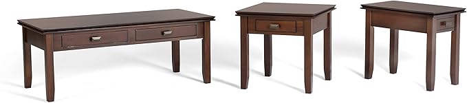SIMPLIHOME Artisan Coffee Table - 46 inch Wide Solid Wood Transitional Cocktail Table in Russet Brown, Classic Living Room Table with 2 Drawers, Open Shelf, and Square Brushed Nickel Knobs