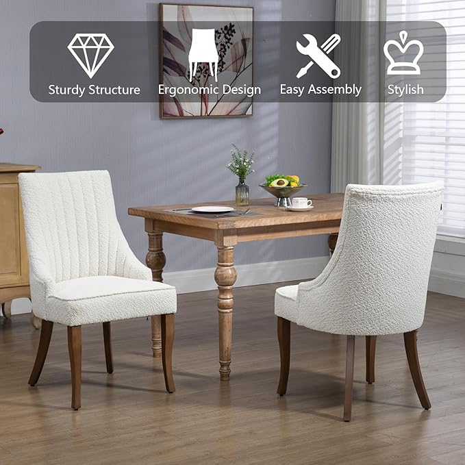 mikibama Boucle Dining Chairs Set of 6 Channel Tufted Kitchen Dinner Chair Comfy Teddy Fabric Upholstered Accent Chair for Dining Room with Solid Wood Legs (Off White 6pc)