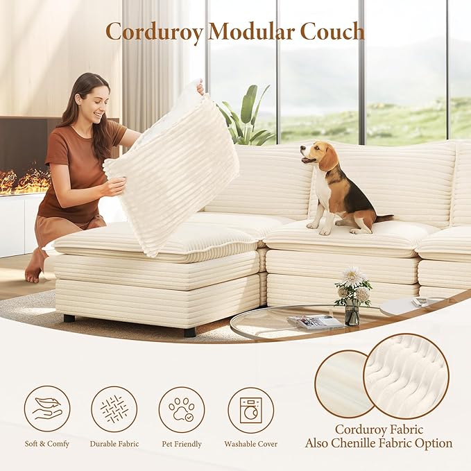 Vesgantti 108" V-Shaped Corner Couch Sectional, 7 Seat Customizable Modular Cloud Couches with Movable Ottoman, Corduroy Deep Seat Sofa Set with Chaise for Living Room, Bedroom and Apartment, Beige