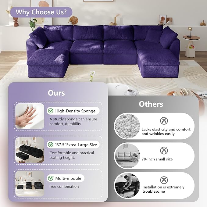 138" Boneless Cloud Couch Modular Sectional Sofa with Deep Seat for Living Room, L Shape Couch with Ottoman, Snowflake Cloth and 40D Memory Sponge,2 Throw Pillows (Purple, 4 Seater+2 Ottoman)