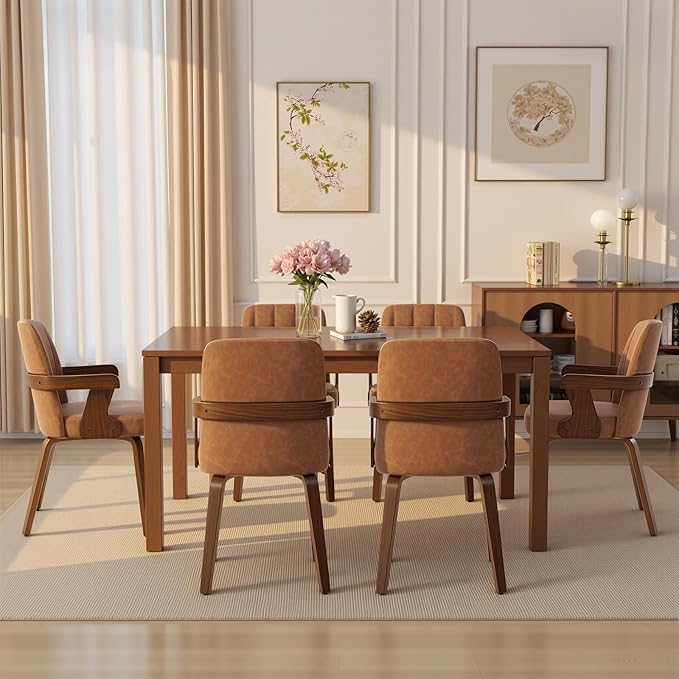 Kitchen Dining Chairs Set of 4, Faux Leather Upholstered Dining Room Chairs with Wood Arms and Legs, Mid Century Modern Kitchen Side Chair for Living, Bedroom, Restaurant, Walnut/Brown