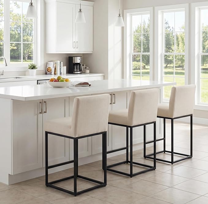 27" Counter Height Bar Stools Set of 3 with Back and Footrest for Kitchen Modern Metal Barstools, Linen Upholstered Bar Chairs Island Stools, Beige