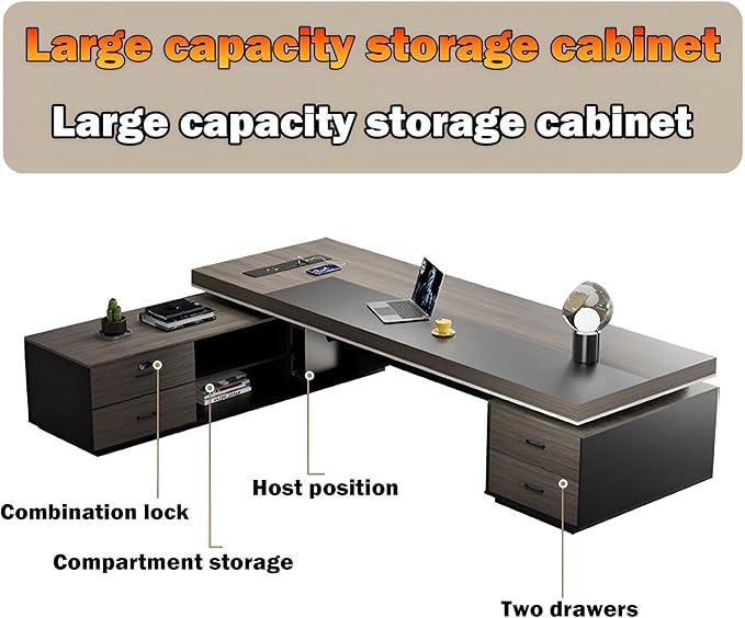 Modern Large Desk, Modern L-shaped Desk With Side Cabinets, Executive Desk With Combination Lock Drawer, Business Furniture Desk With Simple Cable Management (chair Not Included)(63x29.5x102.3inch)