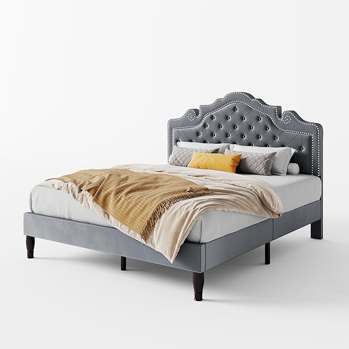 SHA CERLIN Queen Bed Frame with Adjustable Headboard/Velvet Upholstered/Diamond Button Tufted and Metal Studs/No Box Spring Needed/Wooden Slat Support/Easy Assembly/Light Grey