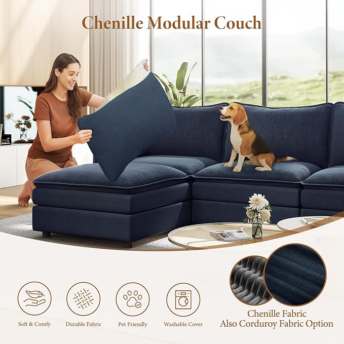 Vesgantti 108" V-Shaped Corner Couch Sectional, 7 Seat Customizable Modular Cloud Couches with Movable Ottoman, Chenille Deep Seat Sofa Set with Chaise for Living Room, Bedroom and Apartment, Blue