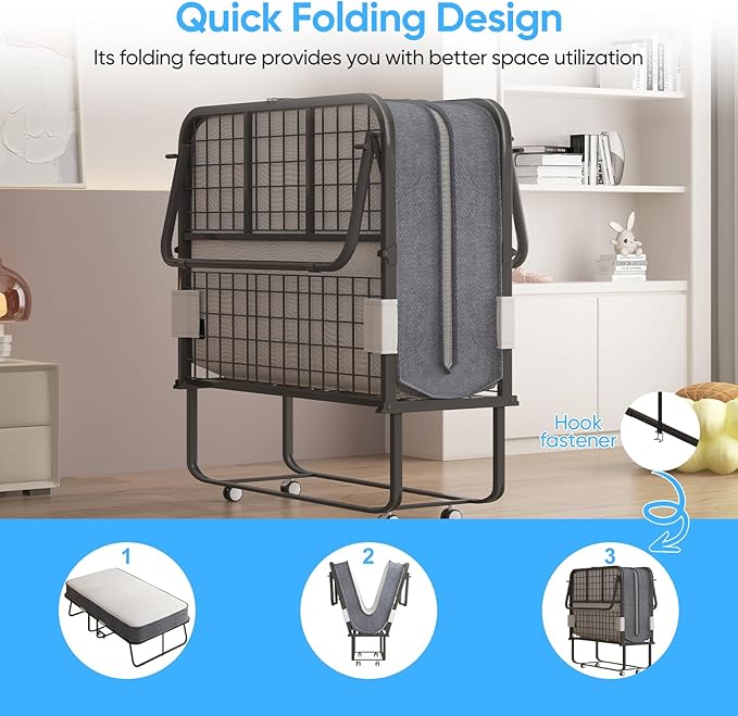 Mjkone Folding Bed with Mattress for Adults, Rollaway Bed with 4 Inch Memory Foam, Space Saving Portable Bed with Lockable Wheel, Sturdy Fold Up Frame and Memory Foam for Bedroom/Guest (75" x 46")