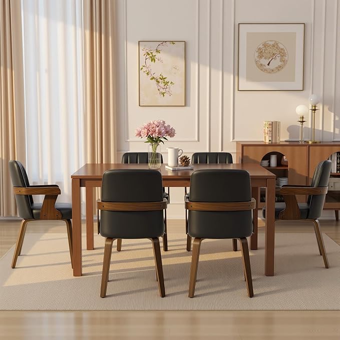Kitchen Dining Chairs Set of 4, Faux Leather Upholstered Dining Room Chairs with Wood Arms and Legs, Mid Century Modern Kitchen Side Chair for Living, Bedroom, Restaurant, Walnut/Black