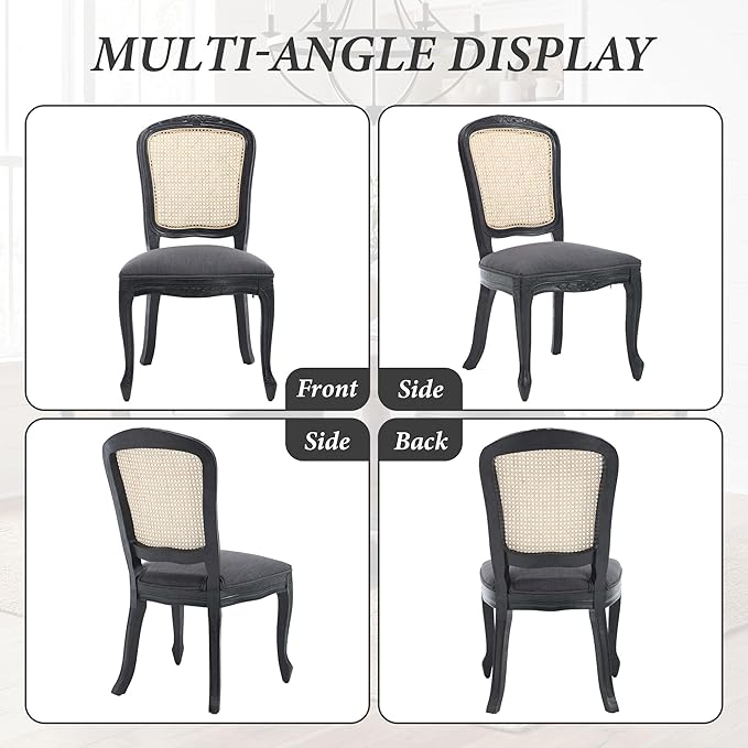 Wicker Dining Chairs Set of 6, Upholstered Linen Fabric Dining Room Chairs with Square High Rattan Back Farmhouse French Kitchen Chairs for Dining Table/Living Room/Restaurant, Black