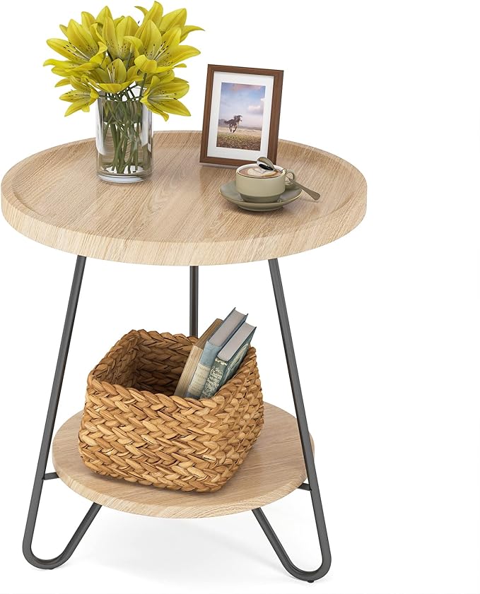 Tribesigns Round Side Table, 2-Tier End Table with Metal Legs, Modern Industrial Beside Table, Small Accent Table Snack Table for Living Room, Bedroom, Small Space, Easy Assembly, Wood Color