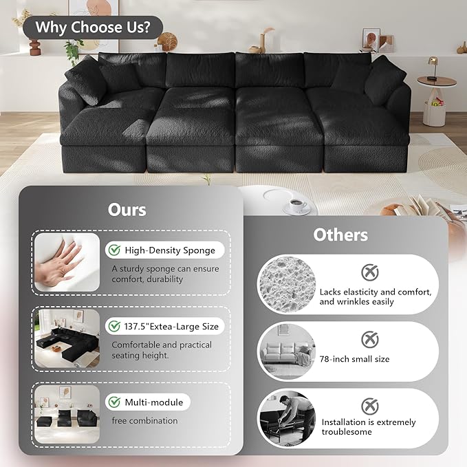 138" Boneless Cloud Couch Modular Sectional Sofa with Deep Seat for Living Room, L Shape Couch with Ottoman, Snowflake Cloth and 40D Memory Sponge,2 Throw Pillows (Black, 4 Seater+4 Ottoman)