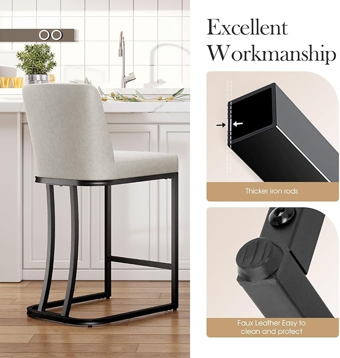 Sophia & William Light Grey Bar Stools Set of 3, Counter Height 24“ Bar Stools with Back for Kitchen Island, Modern Faux Leather Bar Chair