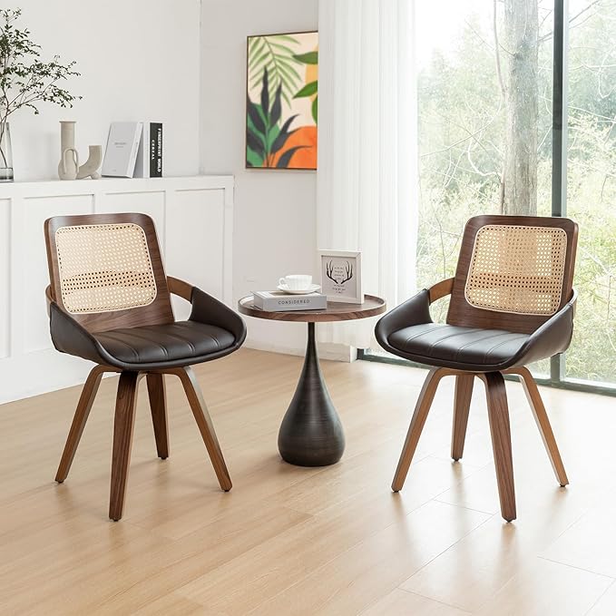 Set of 2 Mid Century Modern Chairs - Swivel Retro Walnut Dining Chairs with Ergonomic Cane Back, Curved Arms, Faux Leather Dining Chairs for Restaurant/Kitchen/Living Room (Walnut Brown)