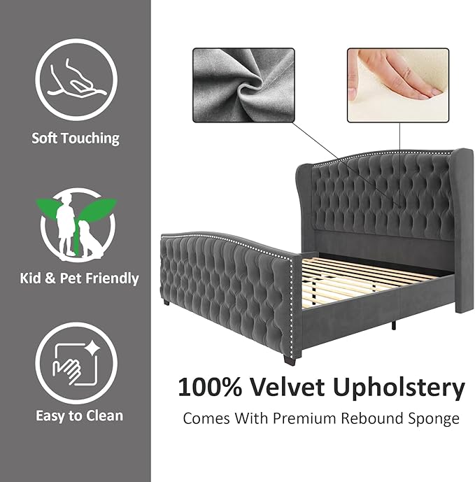 AMERLIFE King Size Platform Bed Frame, Velvet Upholstered Bed with Deep Button Tufted & Nailhead Trim Wingback Headboard/No Box Spring Needed/Grey