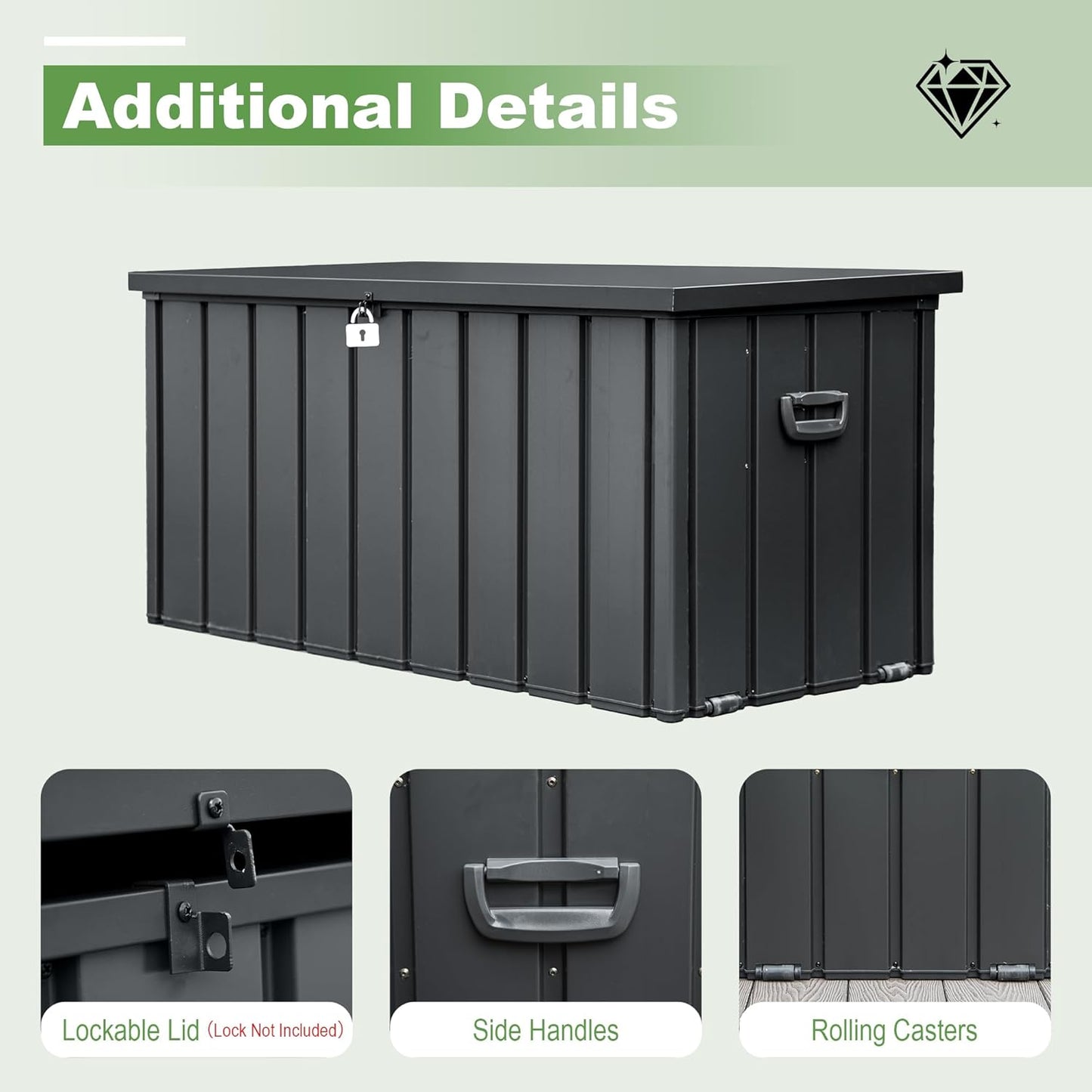 Domi 160 Gallon Deck Box, Outdoor Metal Lockable Storage Cabinet, Waterproof Steel Outdoor Bench with Lockable Lid, Side Handles & Rolling Casters for Outside Cushions, Pillows, Garden Tools, Grey