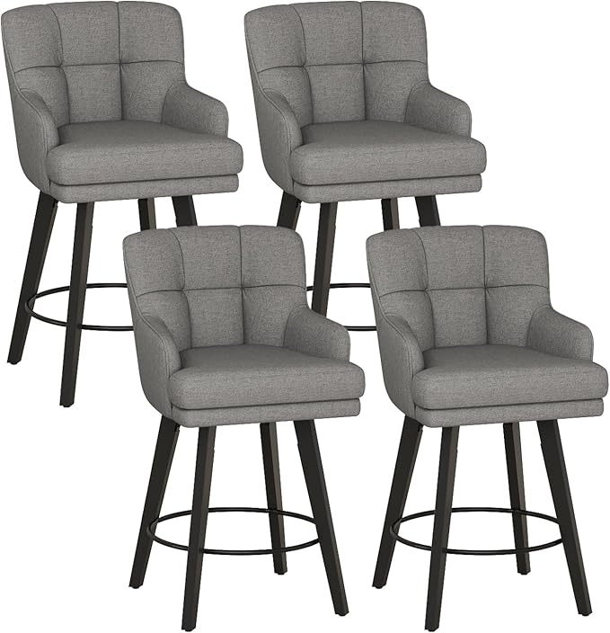 360°Swivel Counter Height Bar Stools with Back, 26 inch Solid Wood Legs, Bar Stool Modern Kitchen Island Chairs, Fabric (Mid-Grey- Fabric, 26" H- Set of 4)