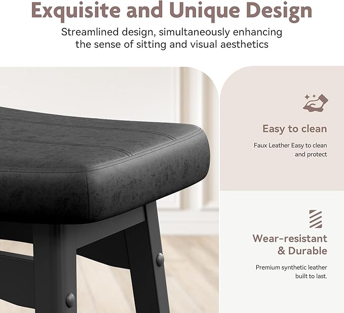 ALPHA HOME Bar Stools Set of 4, Solid Wood Saddle Kitchen Stools with Black PU Leather Cushion Counter Height Barstools with Wooden Base for Kitchen Dining Cafe, 24 Inch, Black, 4PCS