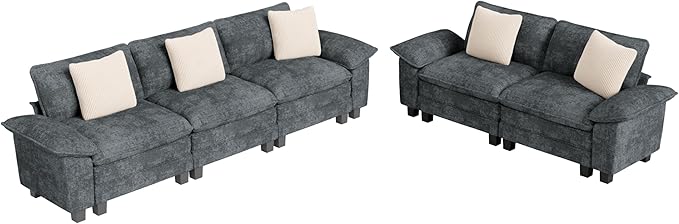 L-Shaped Cloud Modular Sofa Set with Chaise Lounge, 5-Piece Sectional & Deep Seat, Plush Chenille w/Removable Arms for Living Room - Cyan