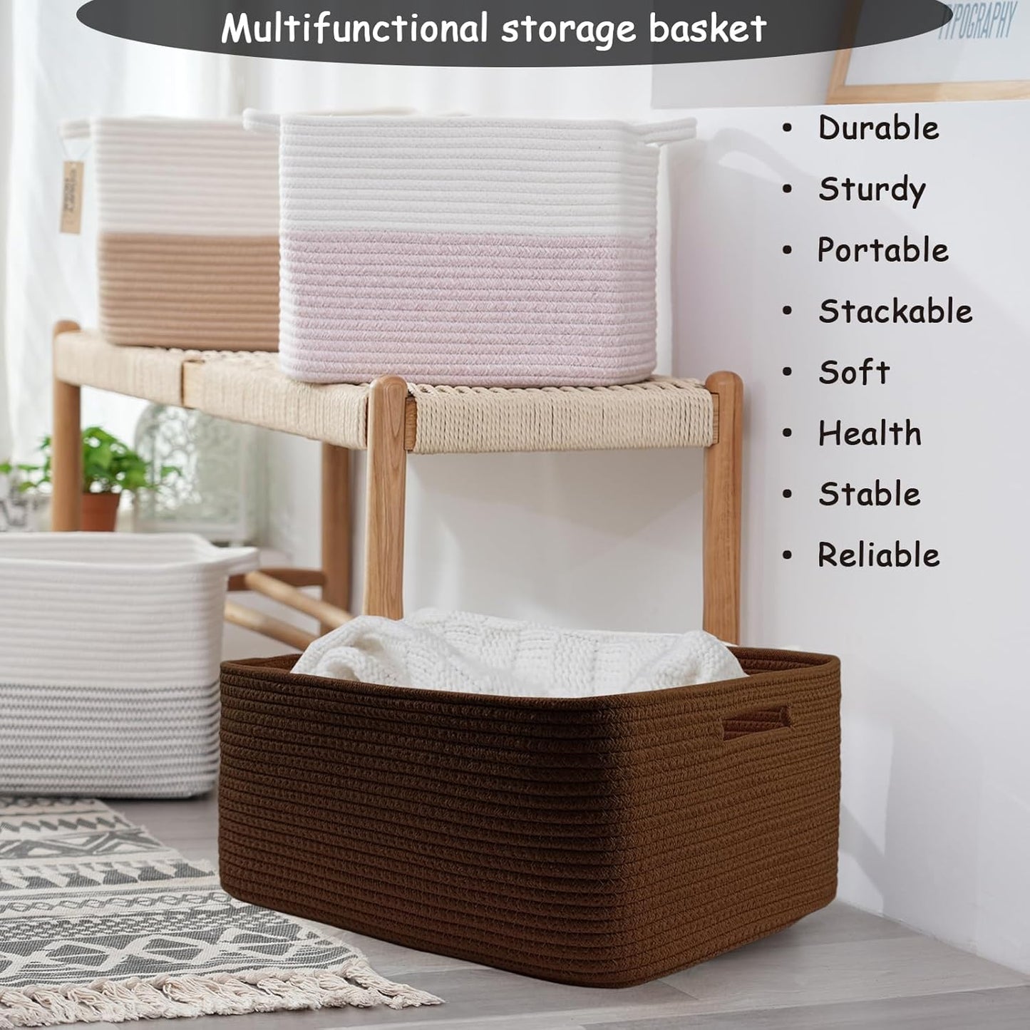 COMFY-HOMI Cotton Rope Woven Basket with Handles for Shelves,Toys,Book, Cloth Storage Baskets for Organizing-17" x 13" x 7.5" Toy Decorative Organizer for Living Room, Bathroom (dark brown)