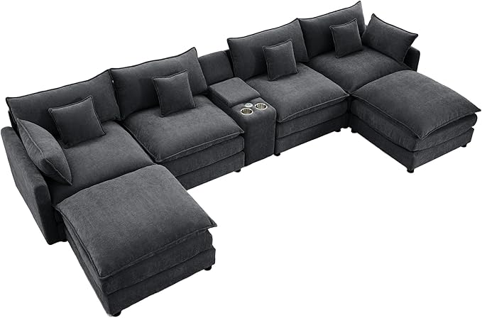 HYJT-H&K 145" U Shaped Cloud Couch Modular Black Sectional Couches for Living Room, Comfy Fluffy Chenille Oversized Cloud Sectional Couch Large 6 Seat Sectionals Sofa Set Central Console USB Port