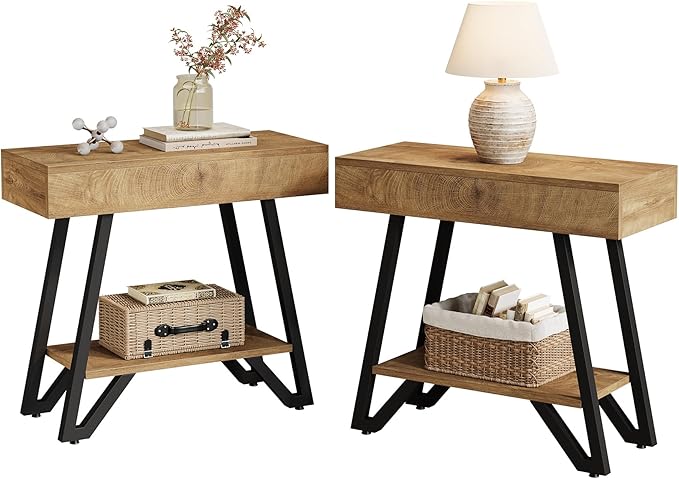 Tribesigns End Side Table for Living Room, Narrow Couch Arm Side Table with Storage Shelves, Small Bedside Nightstand for Bedroom, Small Spaces, Natural(Set of 2)