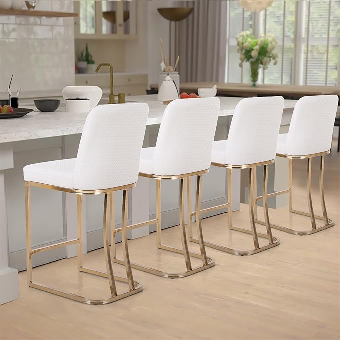 Sophia & William Bar Stools Set of 4, Counter Height Creamy White & Gold Bar Stools with Back, 24 Inch