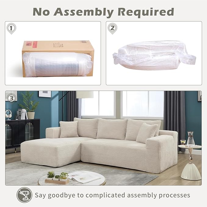 PELUMY 108.7" L-Shaped Modular Sectional Sofa with Oversized Chaise, Cloud Couch with Memory Foam, No Assembly Required Sleeper Sofa for Small Space Living Room, Apartment (Beige, Corduroy)