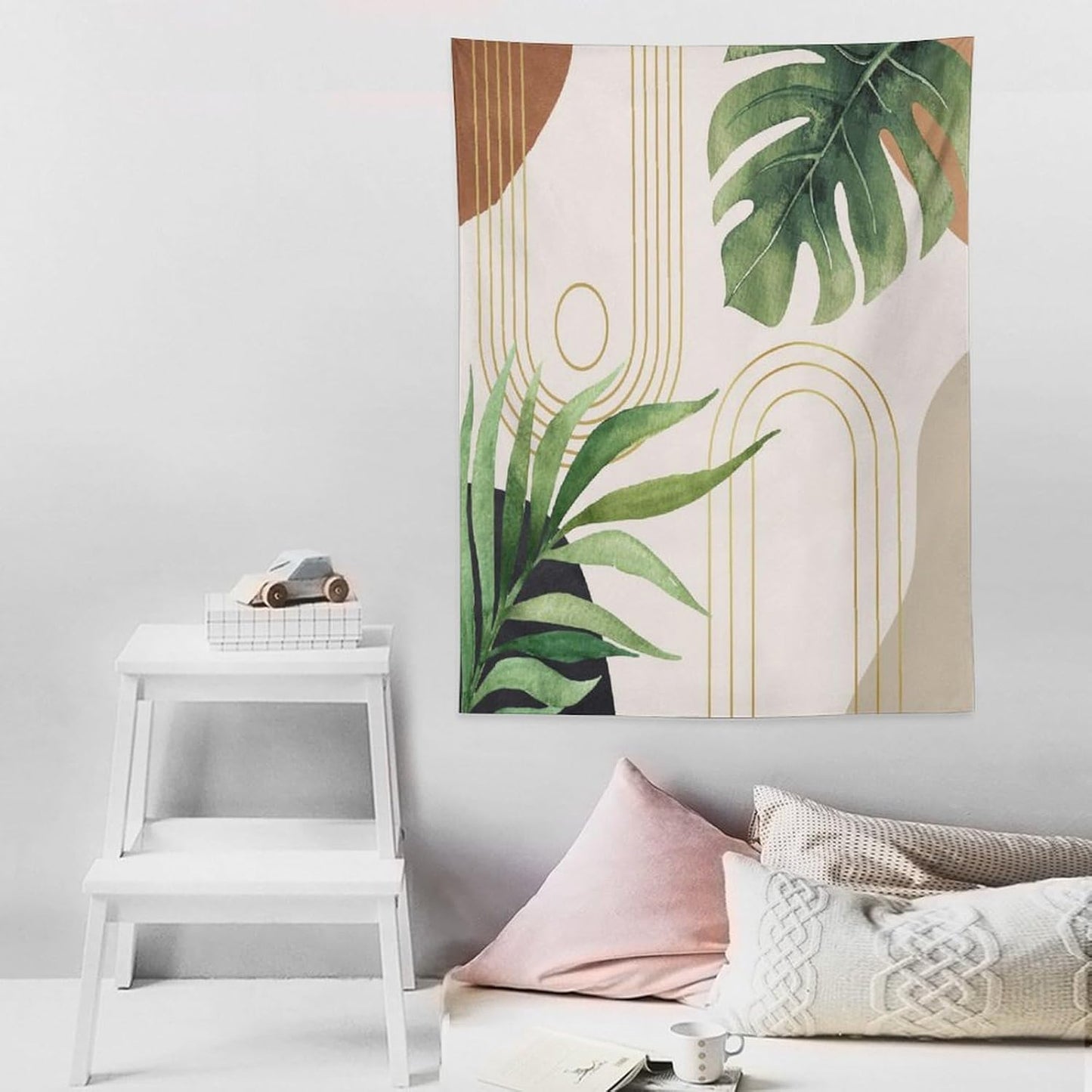 Abstract Boho Tapestry, Mid Century Tropical Tree Leaves Modern Geometric Arch Bohemian Botanical Tapestry, Home Aesthetic Wall Hanging Art Decor for Living Room Bedroom Dormitory 50x60 Inch